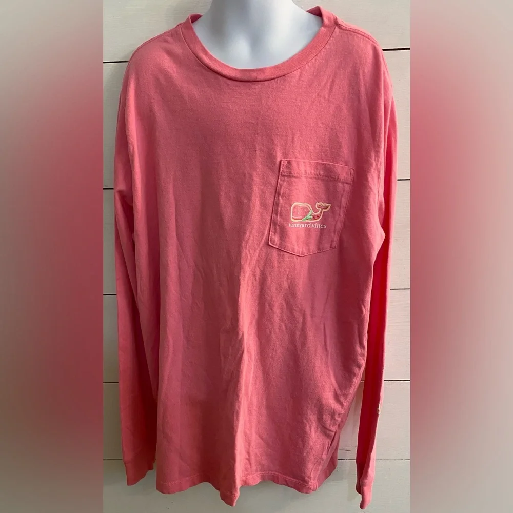 Vineyard Vines Girls’ Sz L (16) Cutty Pink‎ Cookie Whale Long Sleeve Pocket Tee